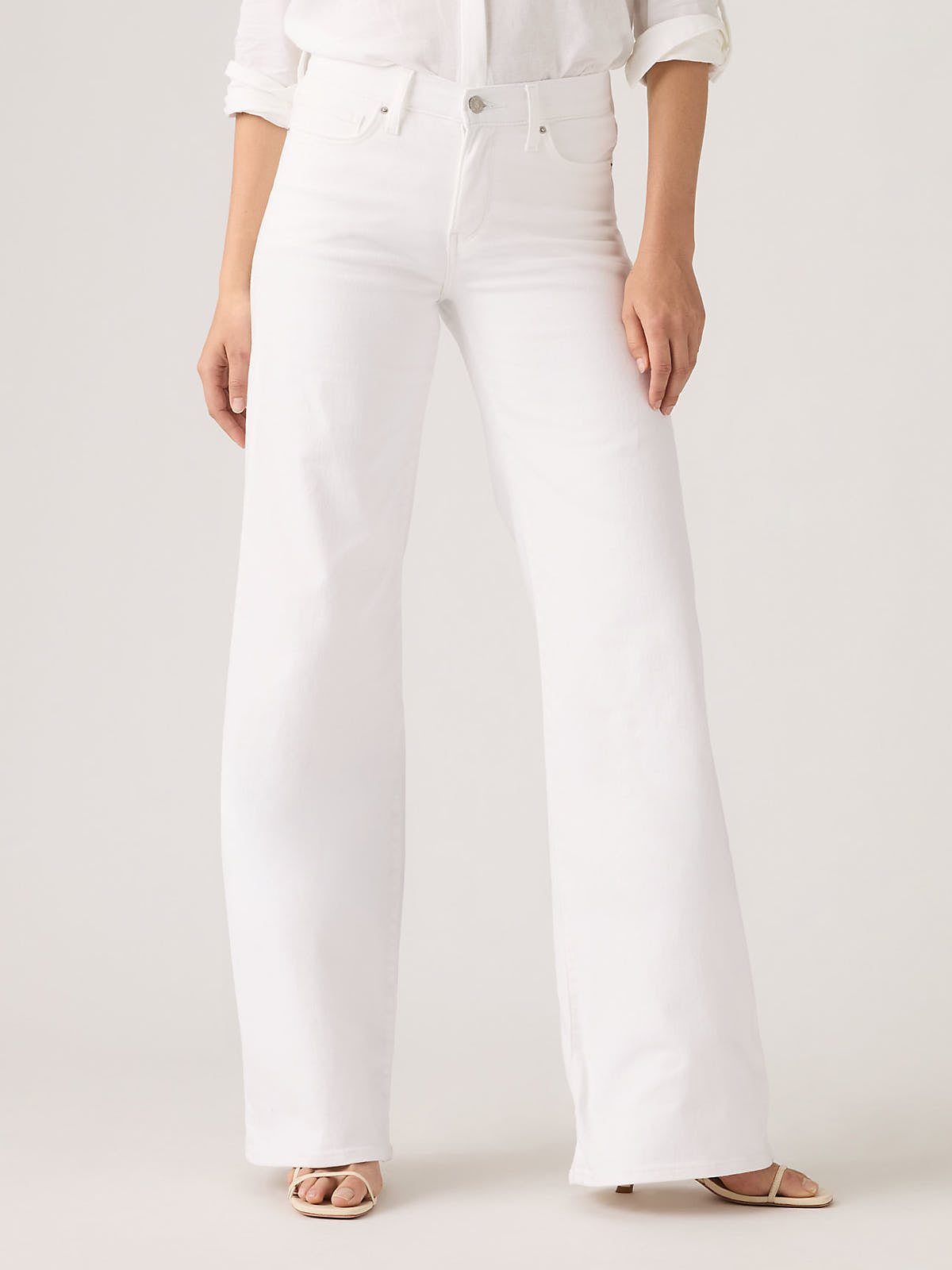 Straight front view of Levi’s 318 Shaping Clean White Wide Jeans by Levi Strauss & Co in white denim.