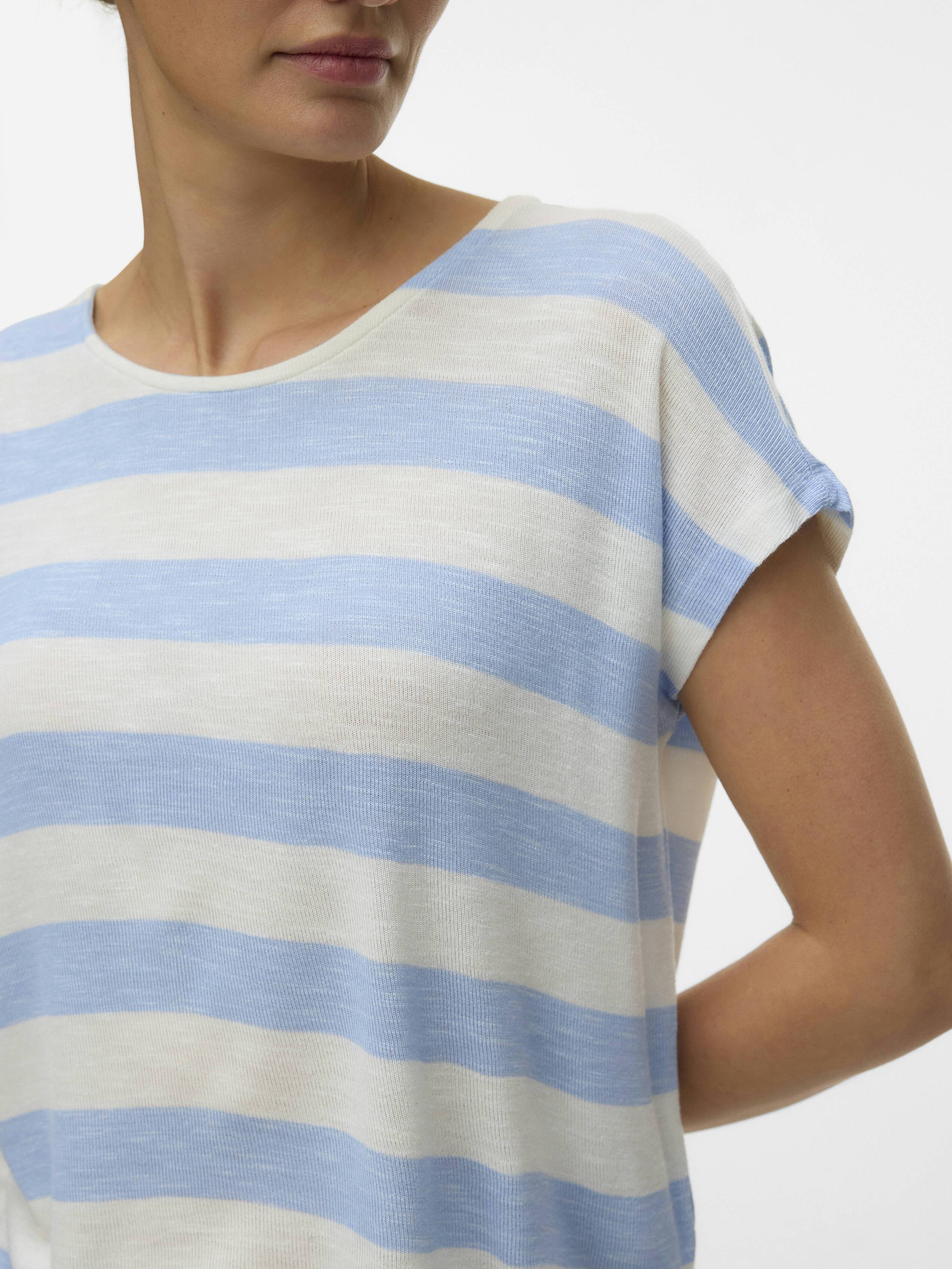 Light blue and white wide striped short sleeve knit top on a person against a plain background.