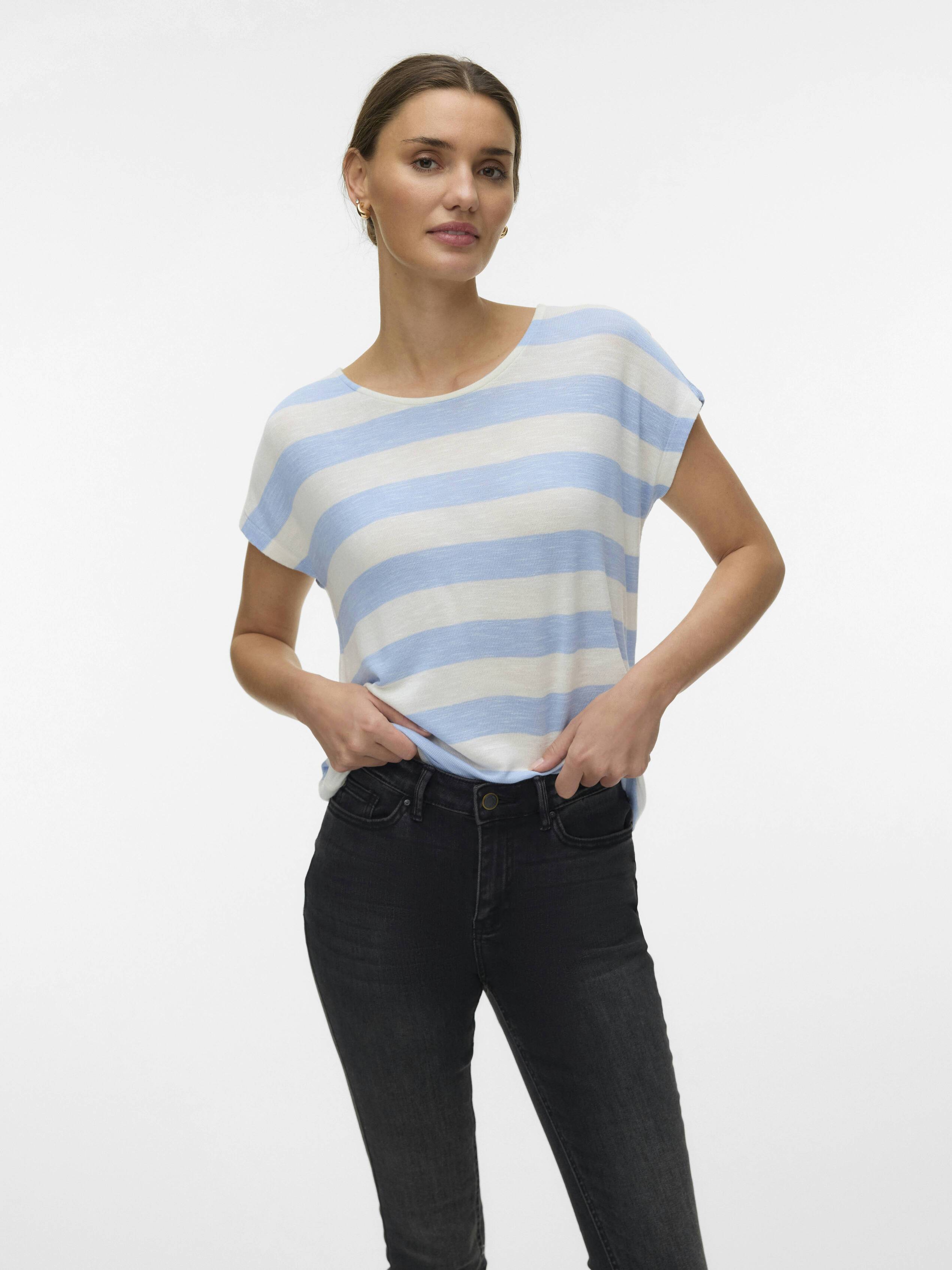 Vero Moda Wide Strap Fitted Top in blue and white stripes styled with black denim jeans by Vero Moda.