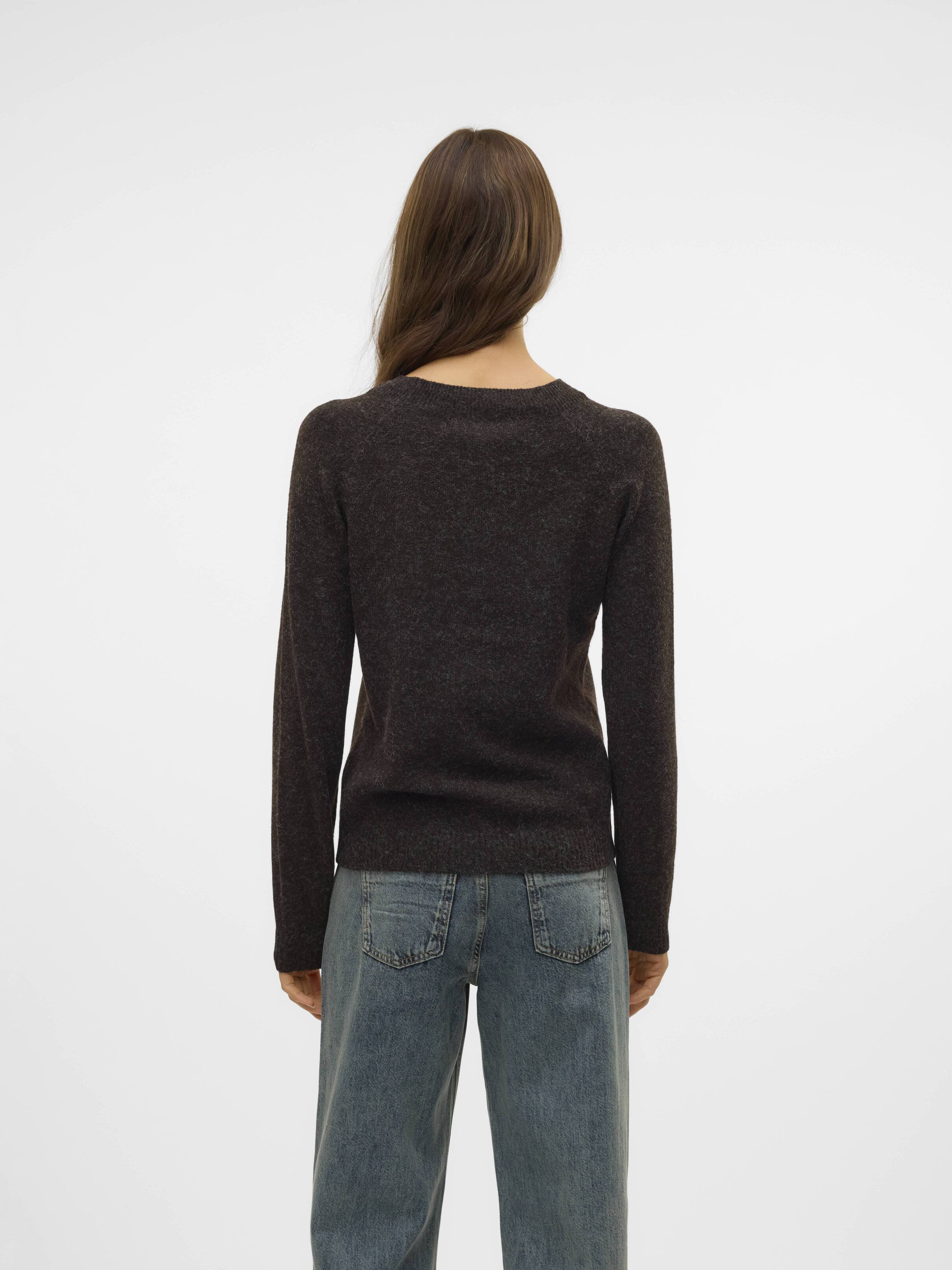 Vero Moda Softy Crew Neck Knit Sweater in dark chocolate brown, styled with casual denim jeans, from Vero Moda.