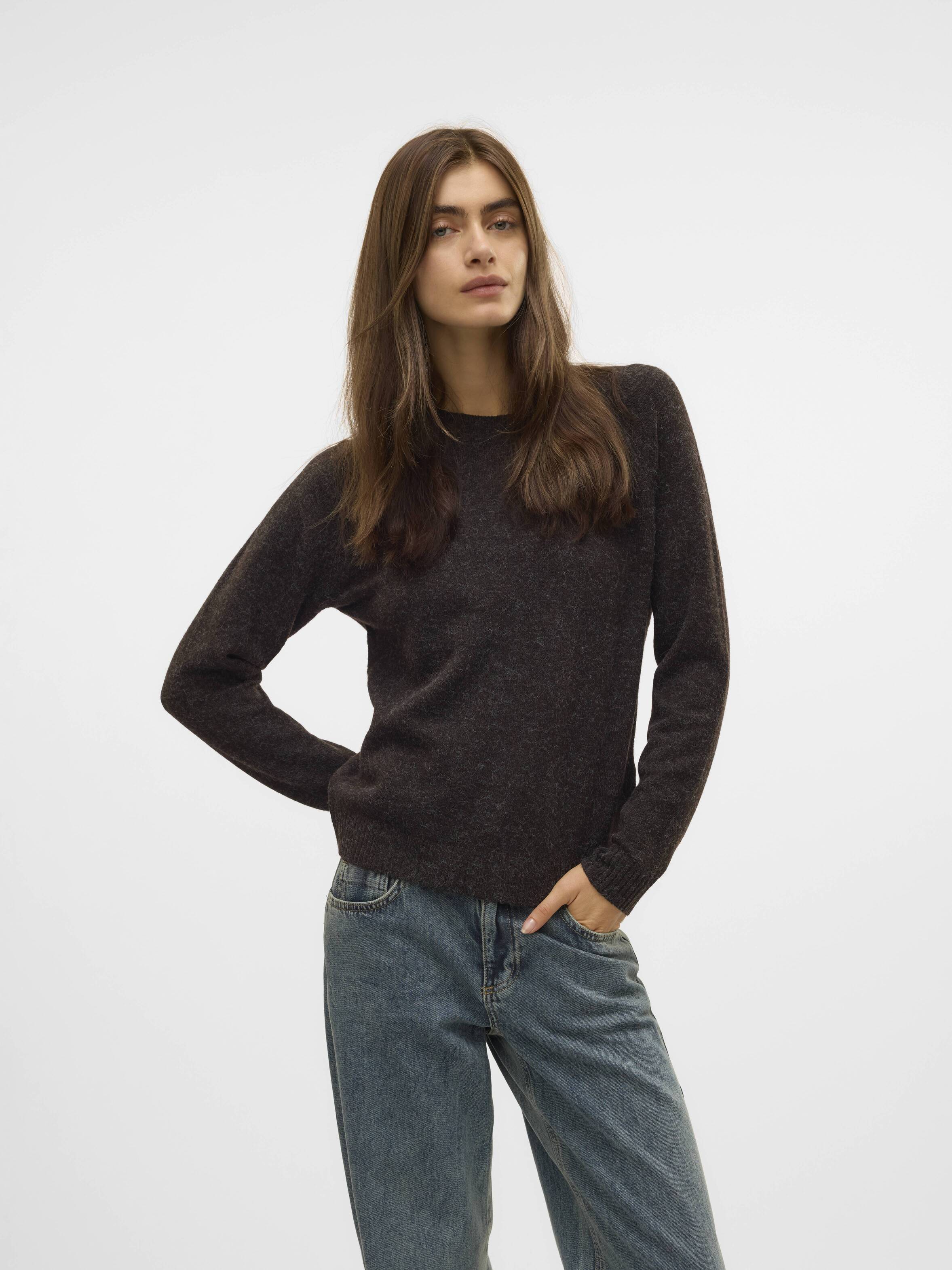 Vero Moda Softy Crew Neck Knit Sweater in dark chocolate brown paired with casual blue jeans by Vero Moda