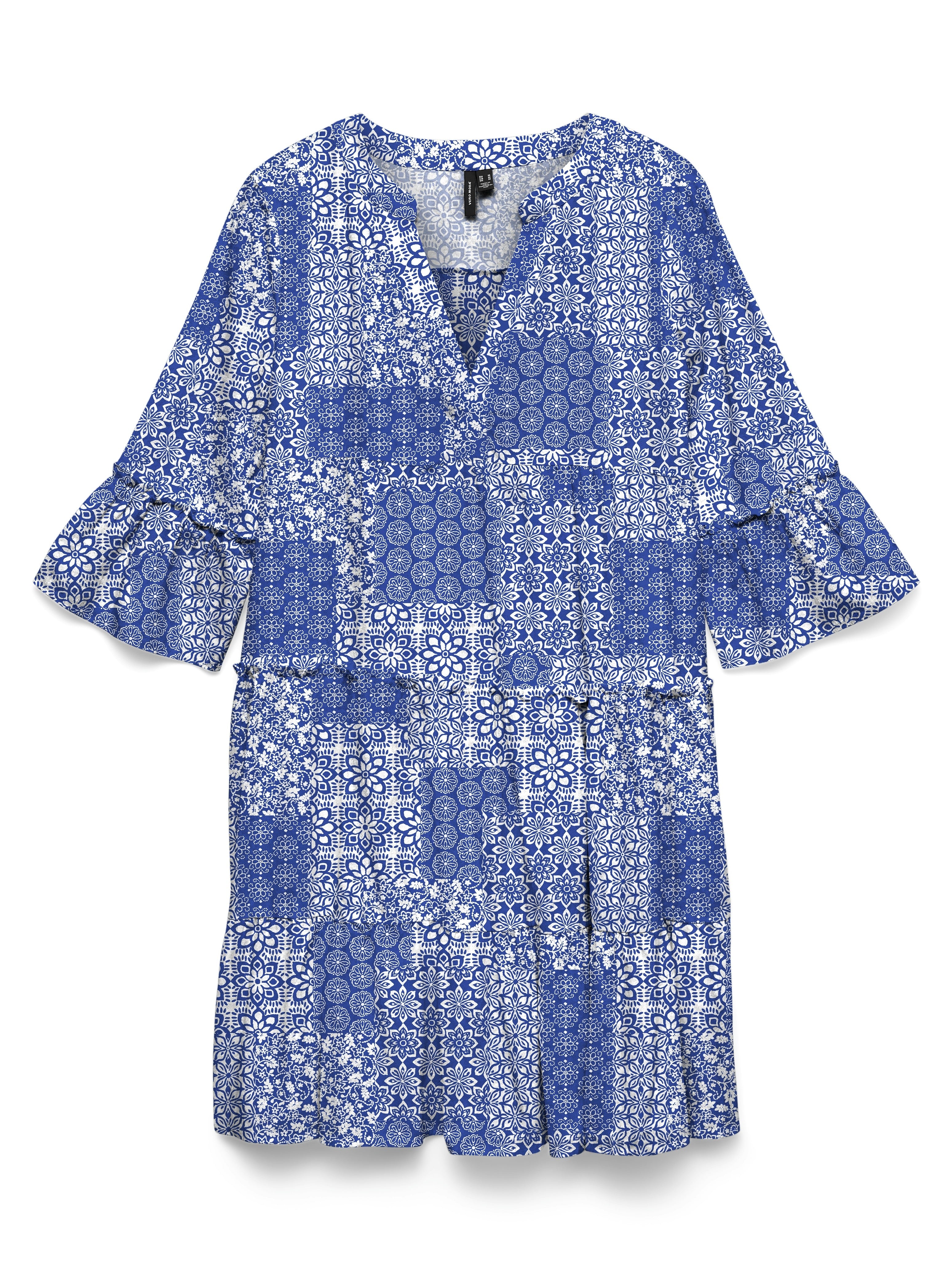 Vero Moda Dici Tiered Midi Dress in blue with patchwork floral patterns and ruffled sleeves by Vero Moda