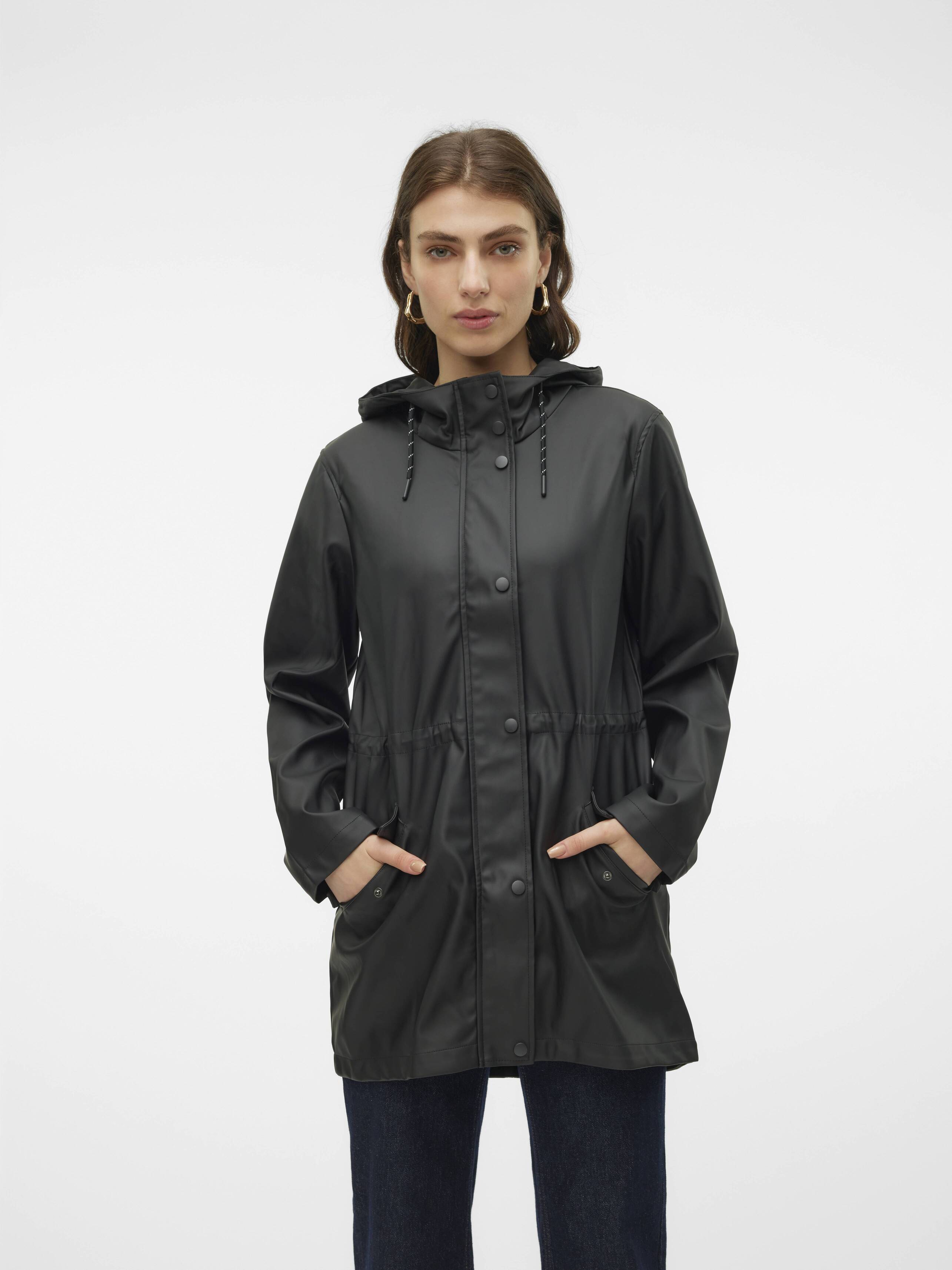 Black Vero Moda Hooded Zip Jacket with drawstring hood and front pockets, styled with casual denim jeans