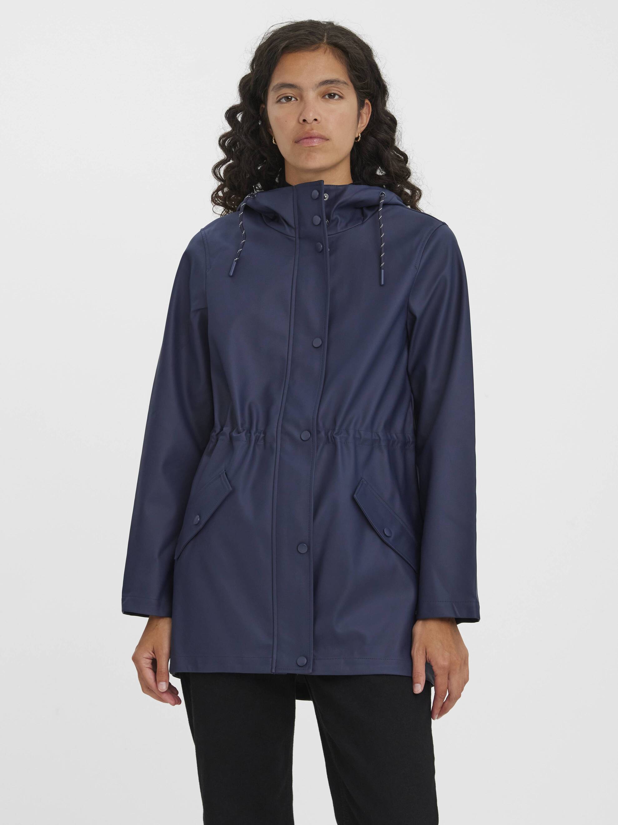 Navy blue Vero Moda Hooded Zip Jacket with front pockets, adjustable hood, and elastic waist detailing by Vero Moda.