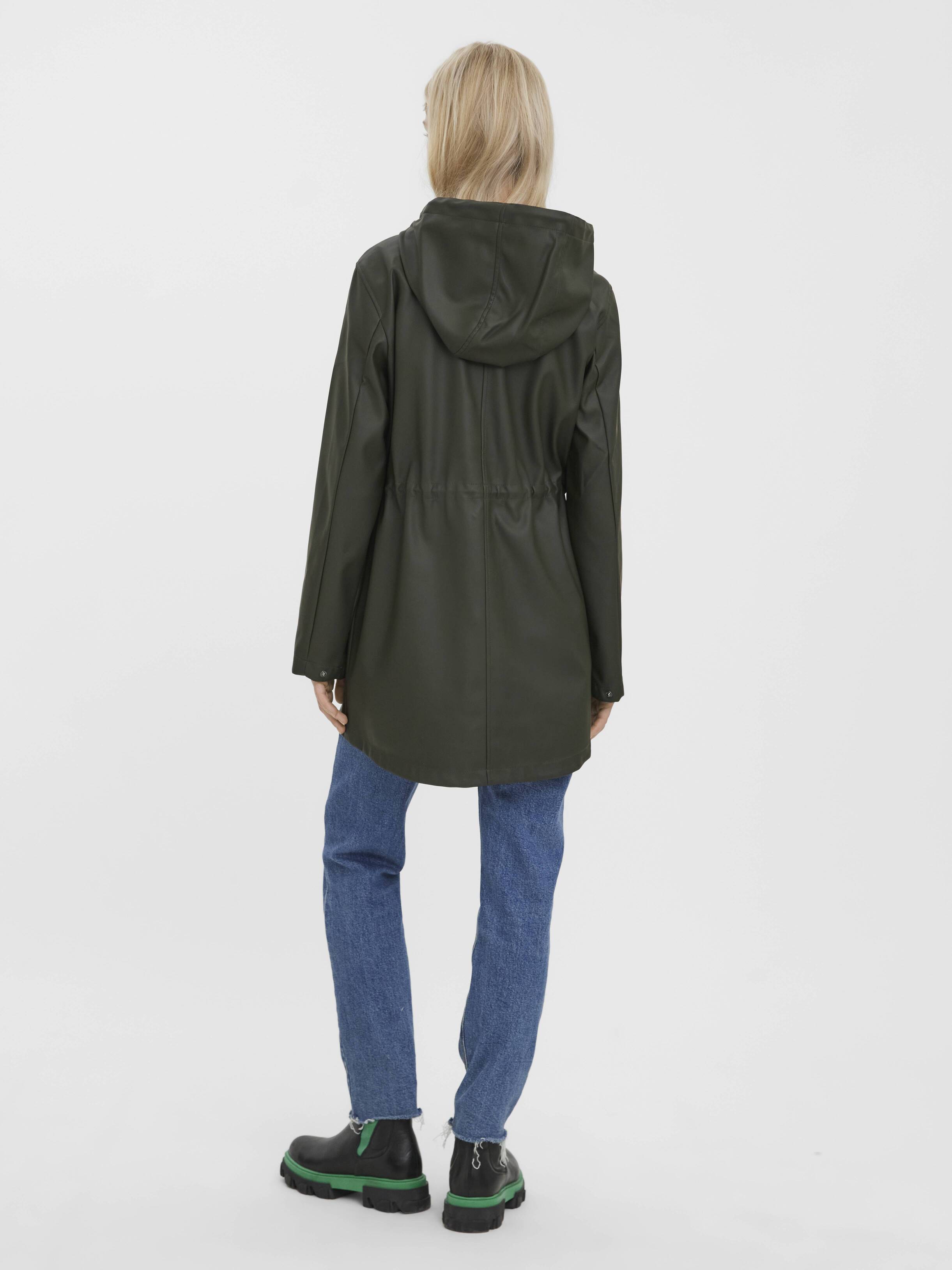Back view of olive Vero Moda Hooded Zip Jacket paired with jeans and black boots on plain background