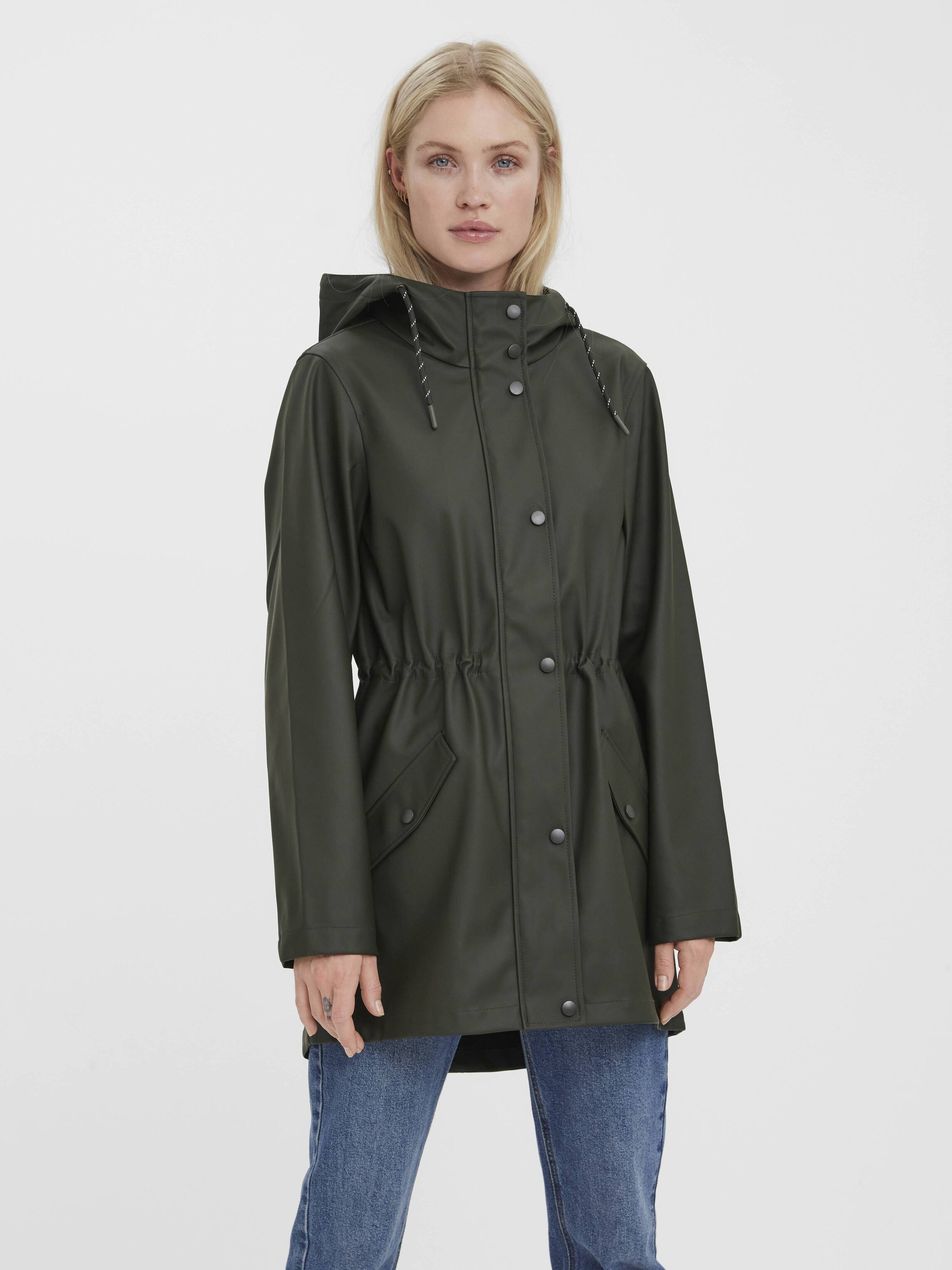 Vero Moda Hooded Zip Jacket in olive green with front pockets and drawstring hood, styled as outerwear by Vero Moda