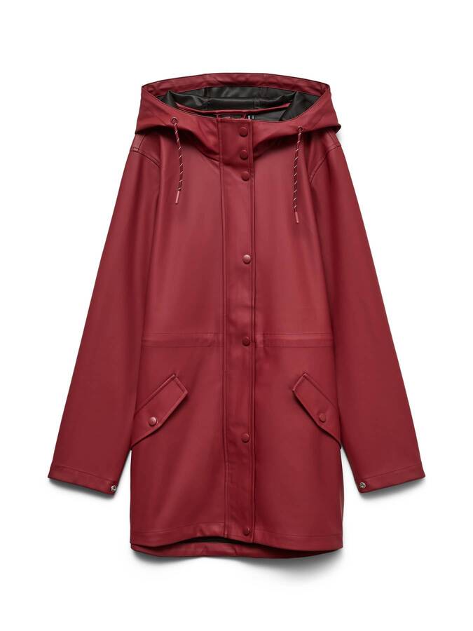 Vero Moda Hooded Zip Jacket in deep red with front pockets and adjustable hood, stylish outerwear for cool weather.