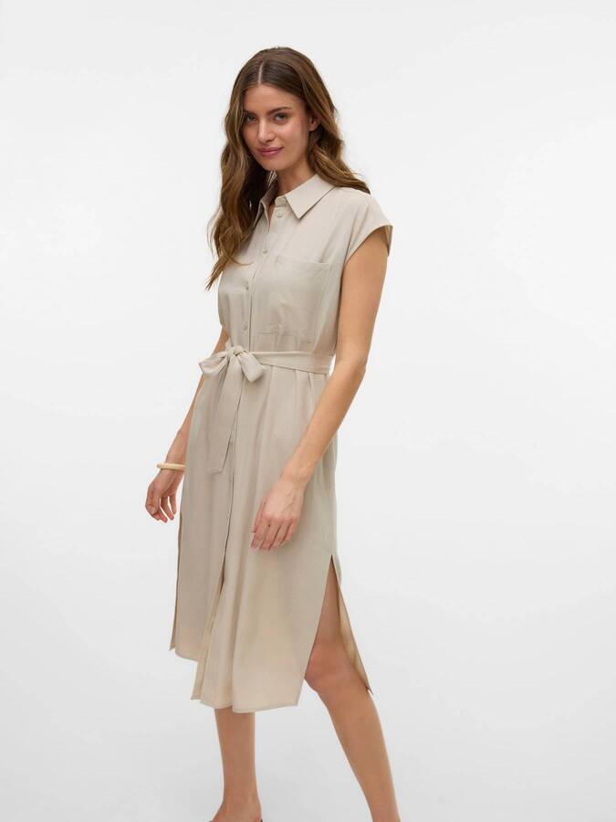 Beige button-up Vero Moda My Nen Shirt Dress with short sleeves and a waist tie belt, styled elegantly