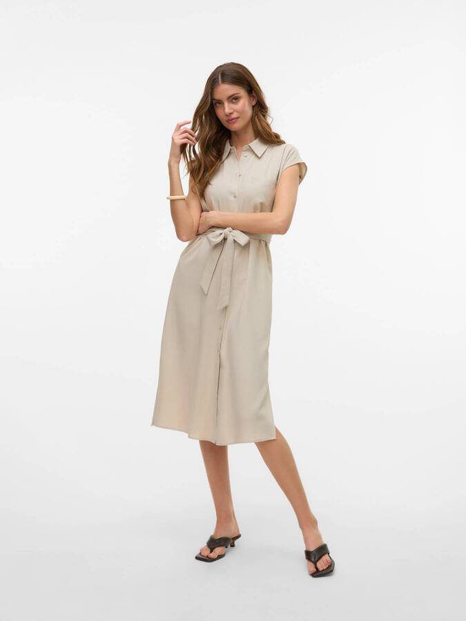 Beige Vero Moda My Nen Shirt Dress with short sleeves and a waist tie belt, styled with black sandals.