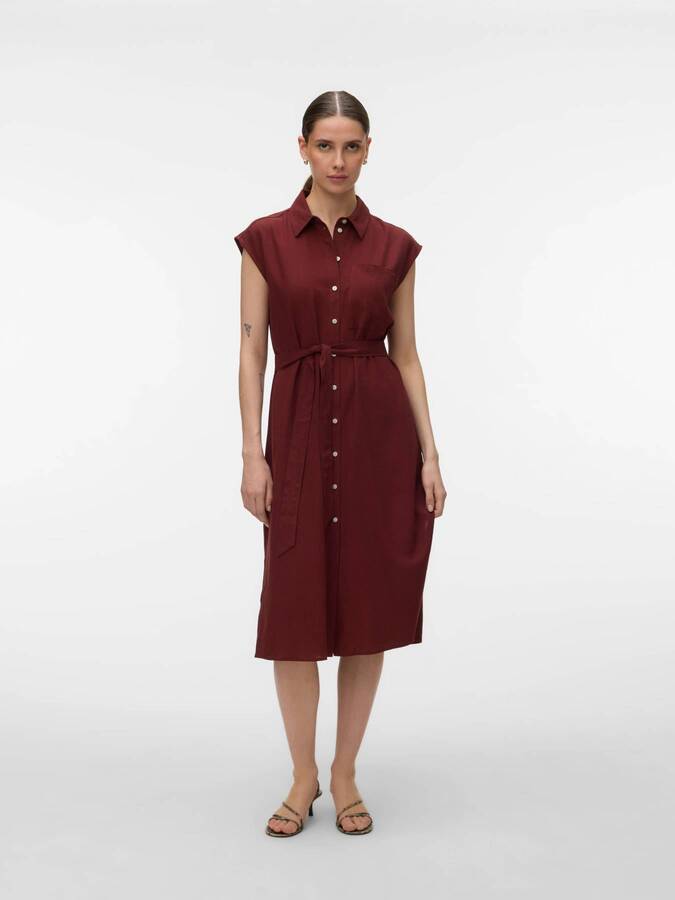Vero Moda My Nen Shirt Dress in rust color with button front and waist tie, styled by Vero Moda.
