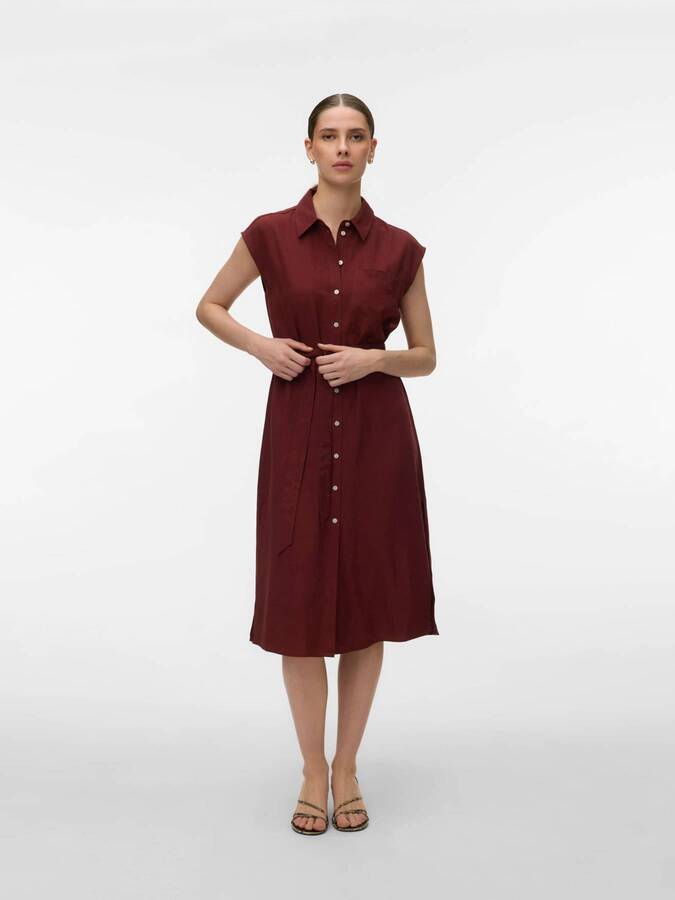 Vero Moda My Nen Shirt Dress in rust with cap sleeves, button front, and waist tie by Vero Moda