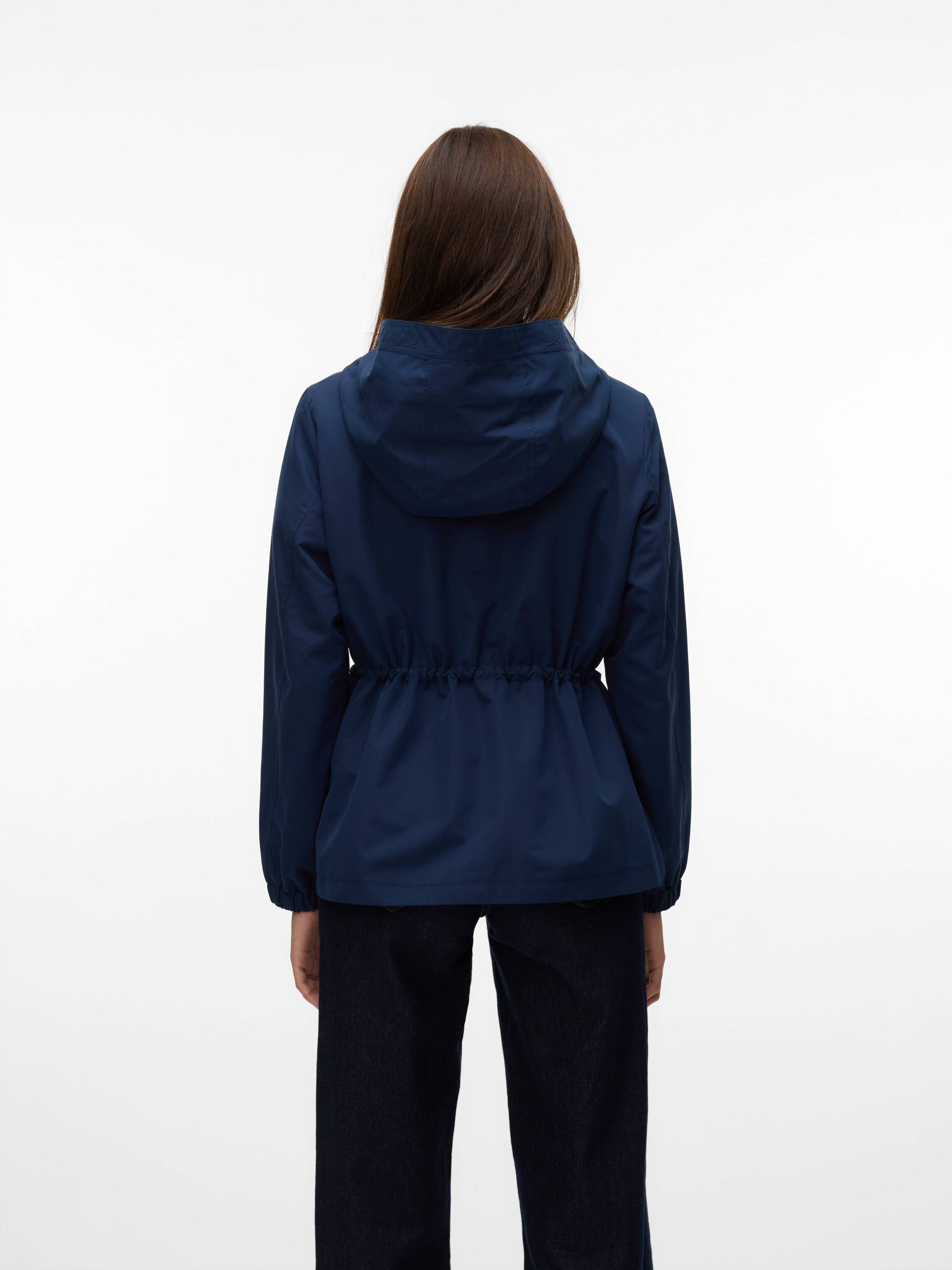 Back view of Vero Moda Drawstring Hooded Utility Jacket in navy blue outerwear with fitted waist and hood.