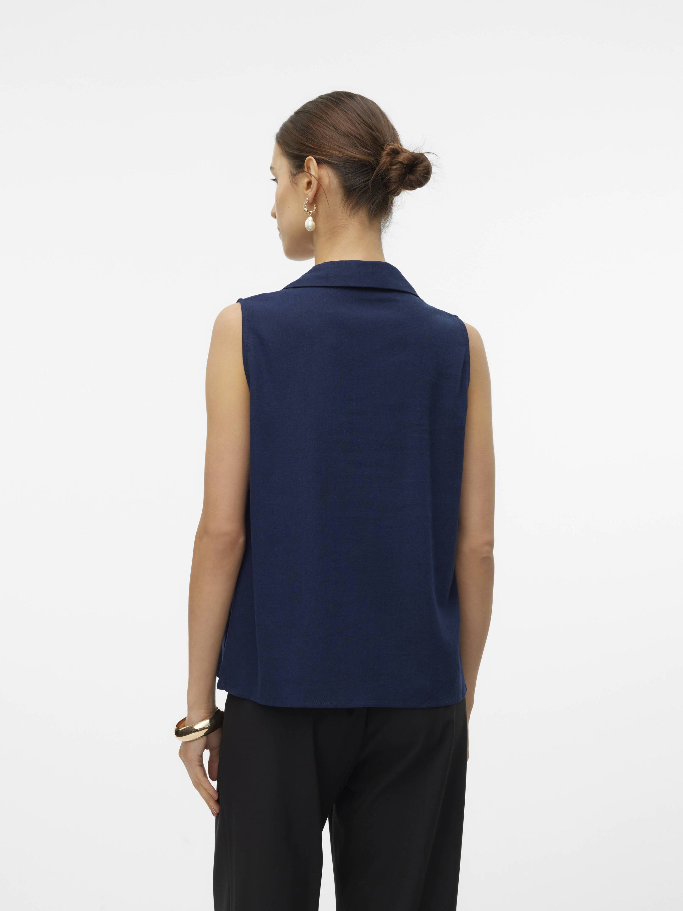 Back view of navy sleeveless top with collar, Vero Moda My Nen Sleeveless V-Neck Top by Vero Moda.