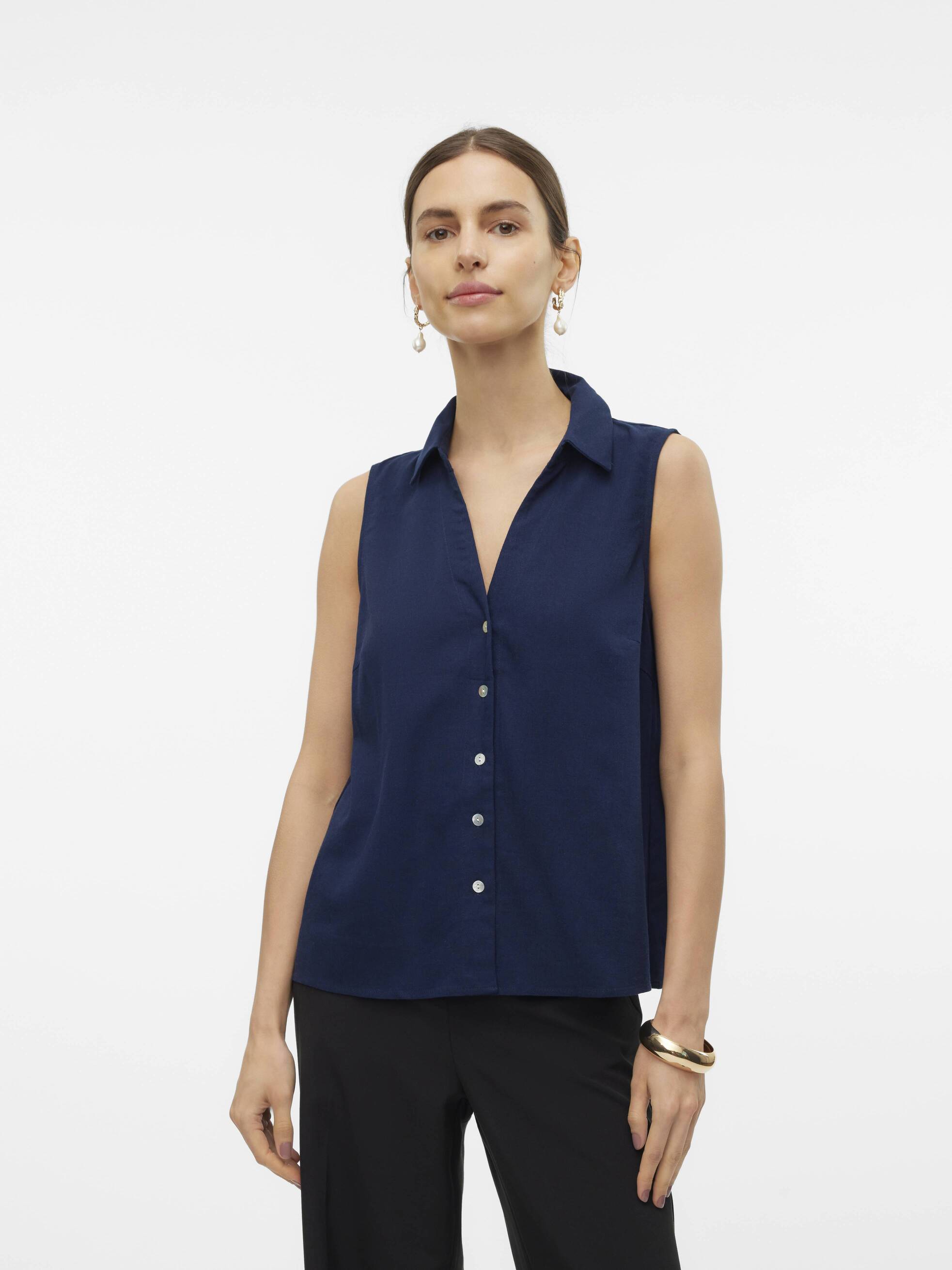 Vero Moda My Nen Sleeveless V-Neck Top in navy blue with front buttons and collar by Vero Moda.
