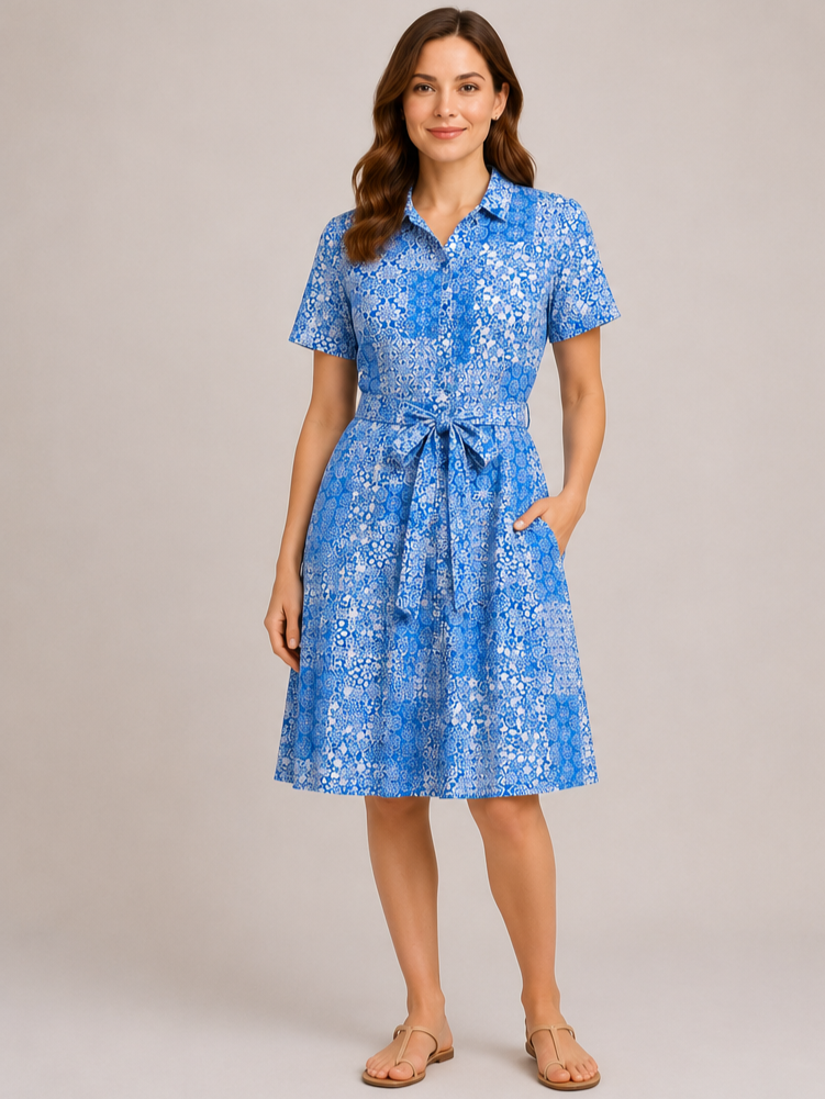 Vero Moda Dici Midi Dress in blue floral print with short sleeves, collar, and waist tie by Vero Moda.