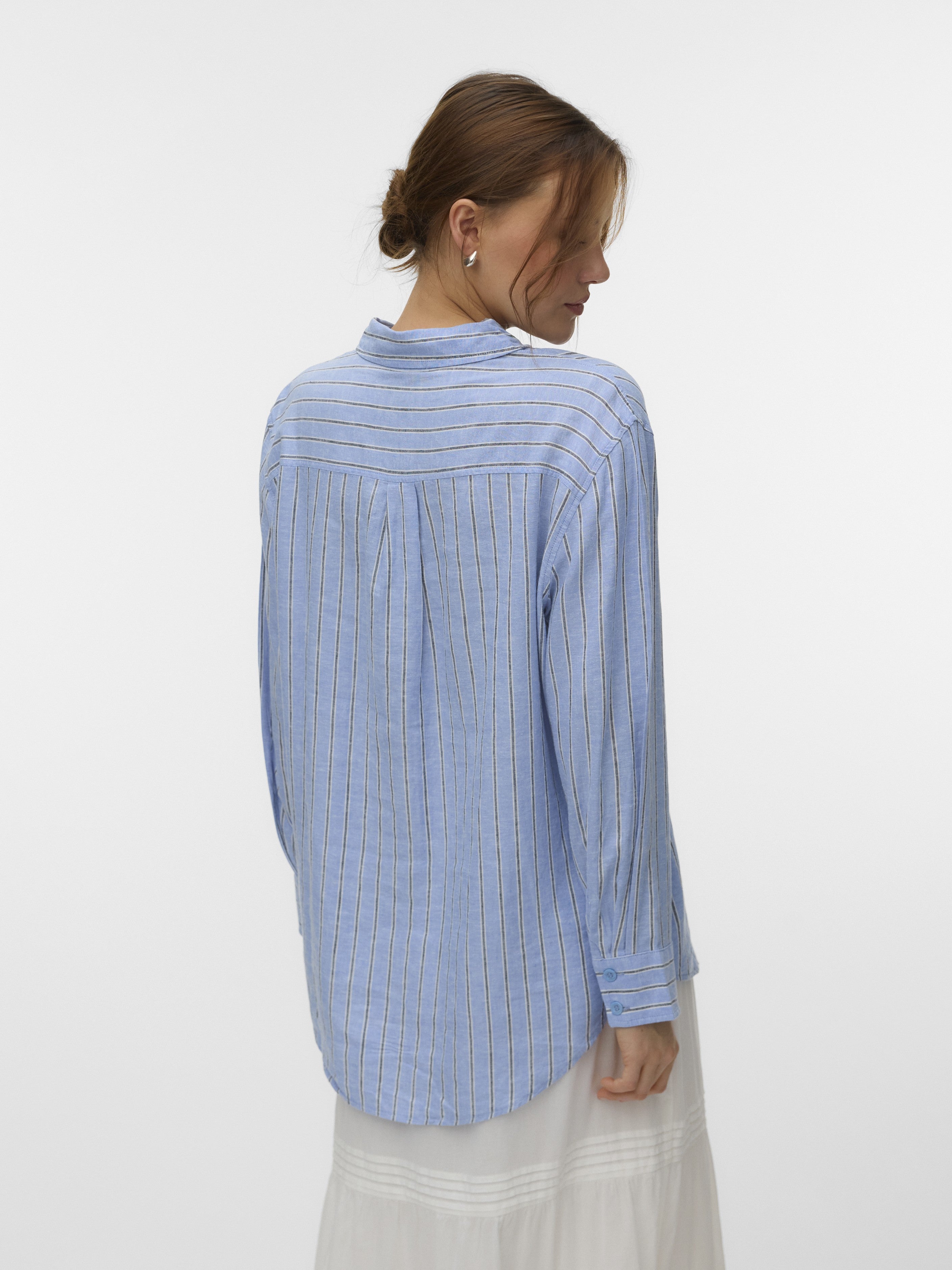 Vero Moda Linen Striped Shirt in blue with vertical stripes, designed for a relaxed, casual fit.