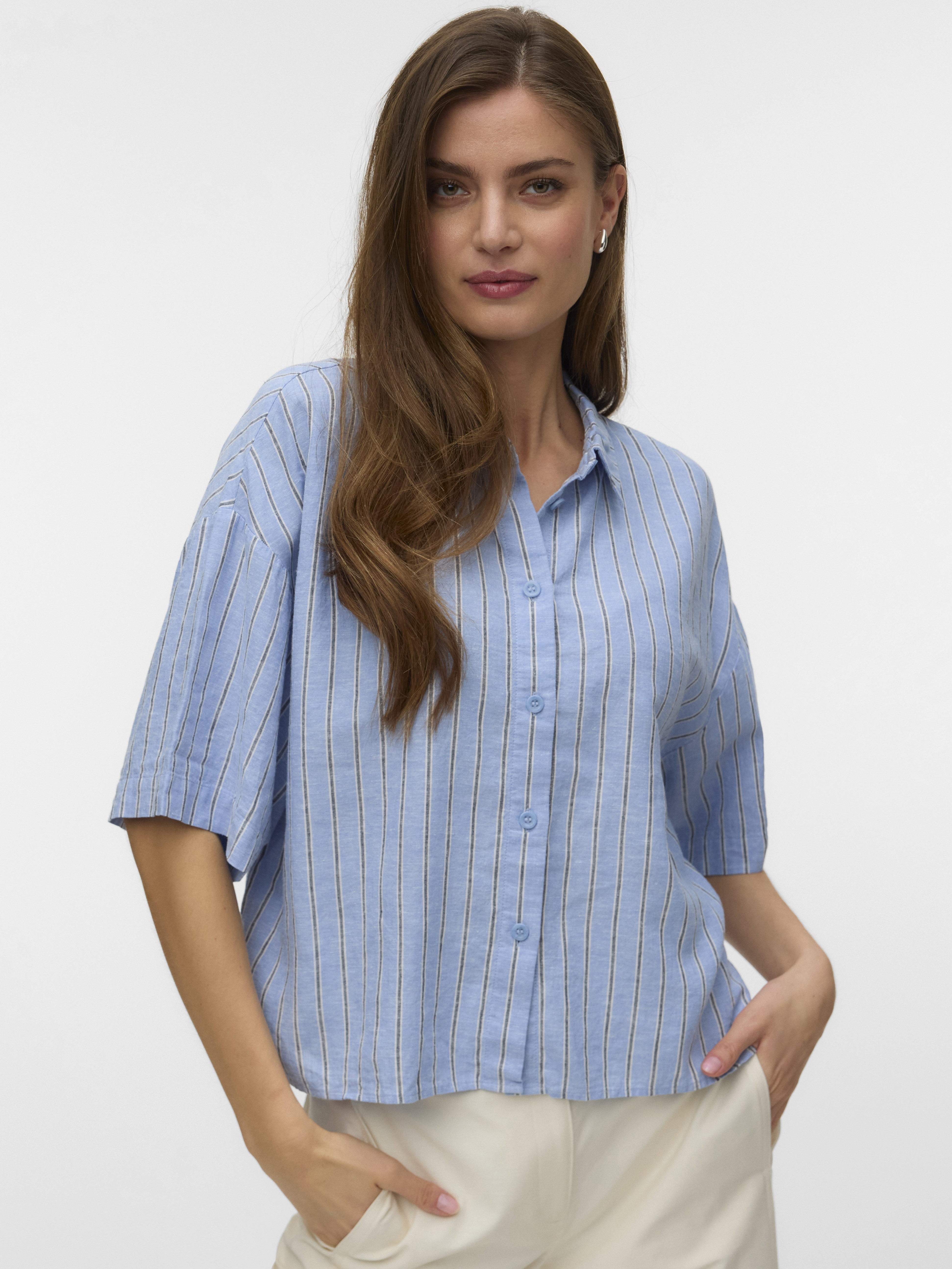 Vero Moda Linen Button-Front Relaxed Shirt in light blue with vertical stripes on a relaxed fit top for women