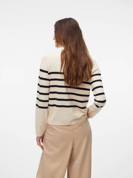 Vero Moda Sabcrew Textured Knit Sweater in beige with black horizontal stripes, styled with beige trousers by Vero Moda