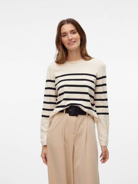 Vero Moda Sabcrew Textured Knit Sweater in beige with black stripes, styled with beige trousers and belt by Vero Moda.