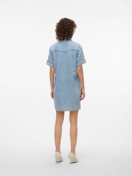 Back view of Vero Moda Jenbint Denim Short Sleeve Dress in light blue denim with rolled sleeves and casual fit.