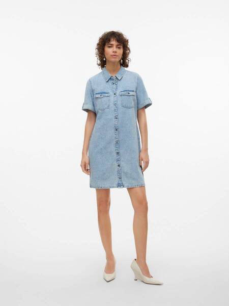 Light blue denim short sleeve dress with front buttons and chest pockets, Vero Moda Jenbint Denim Short Sleeve Dress