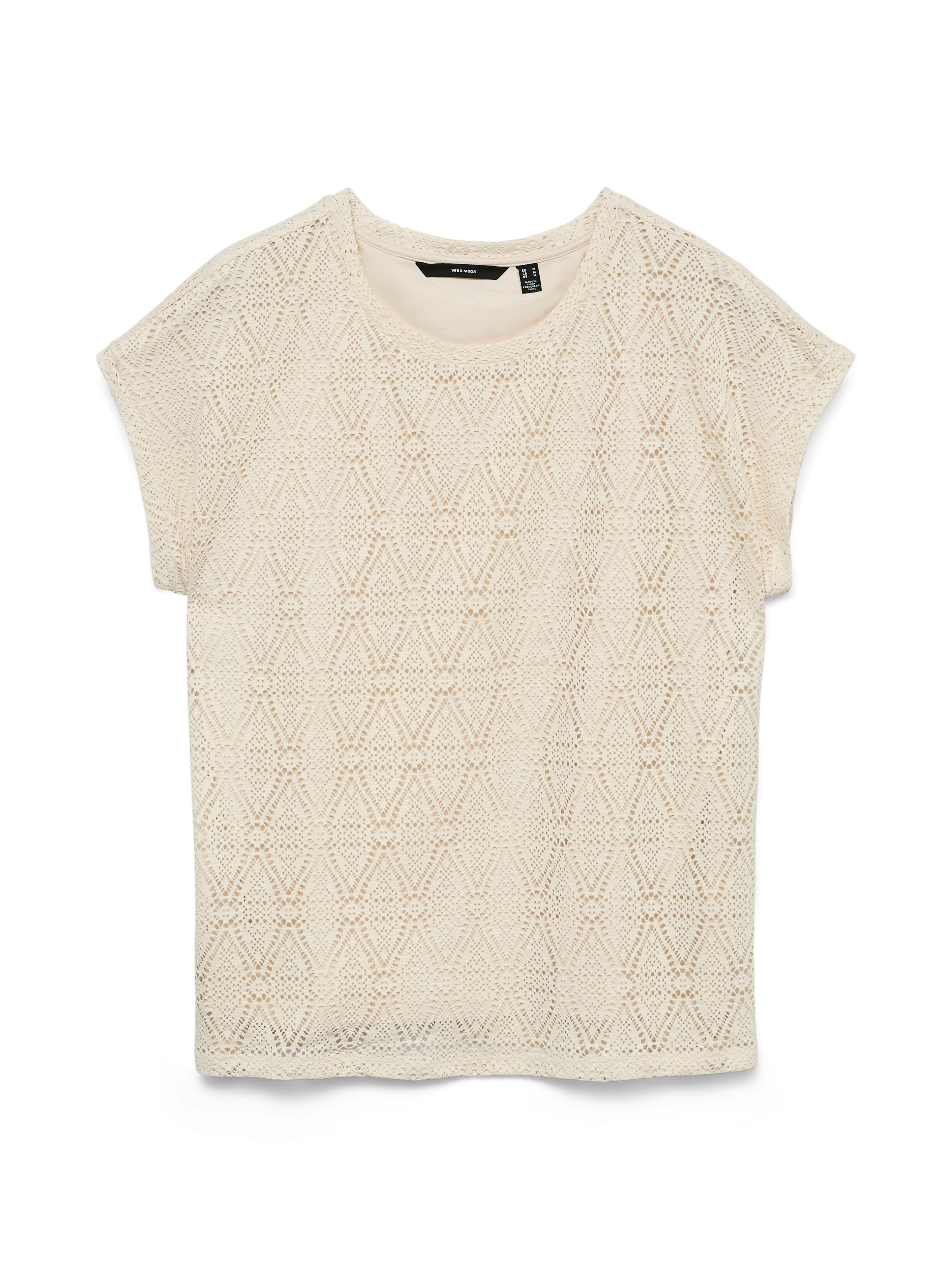Vero Moda Mayet Short Sleeve Top in beige with intricate lace pattern, made by Vero Moda, suitable as a lightweight top.