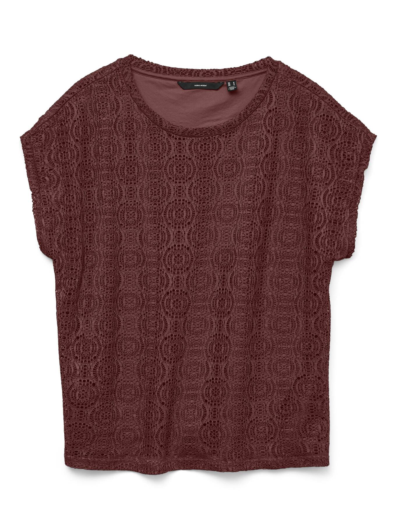 Vero Moda Mayet Short Sleeve Top in rust color with textured circular lace pattern and round neckline by Vero Moda