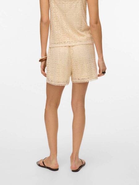 Vero Moda Mayet Pull-On Shorts in beige lace fabric styled with matching top and black sandals by Vero Moda