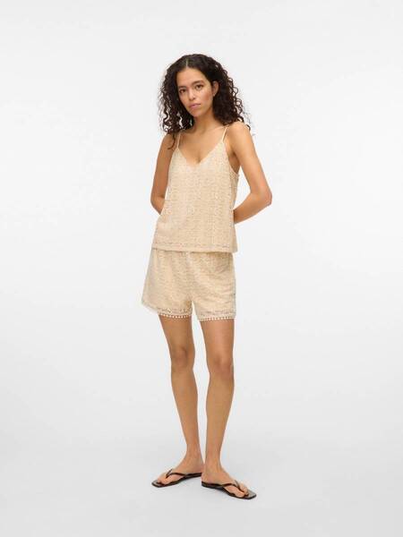 Vero Moda Mayet Pull-On Shorts in beige with lace detail styled with matching sleeveless top by Vero Moda