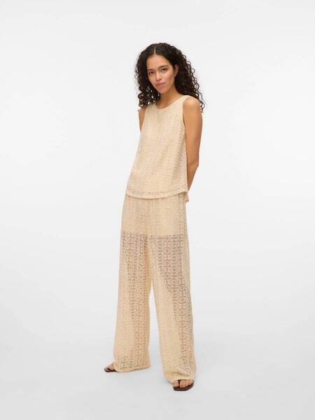 Beige crochet sleeveless Vero Moda Mayet Sleeveless Top paired with matching wide-leg pants in minimalist style