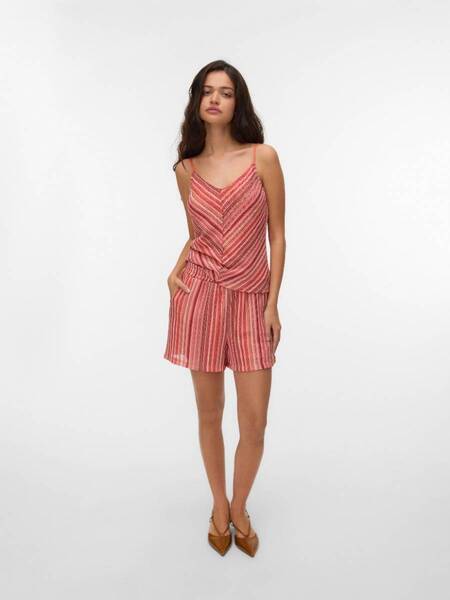 Vero Moda Demet High-Waist Shorts in coral striped fabric paired with a matching sleeveless top by Vero Moda.