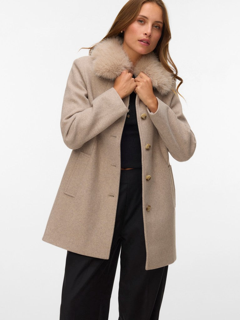 Vero Moda Autumn Wool Fur Trim Button Coat