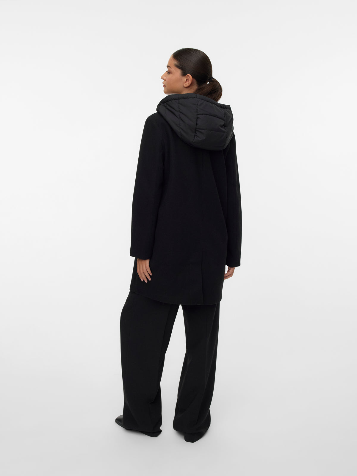 Vero Moda Grace 2-in-1 Button Coat in black, shown from the back with a hood and long fit
