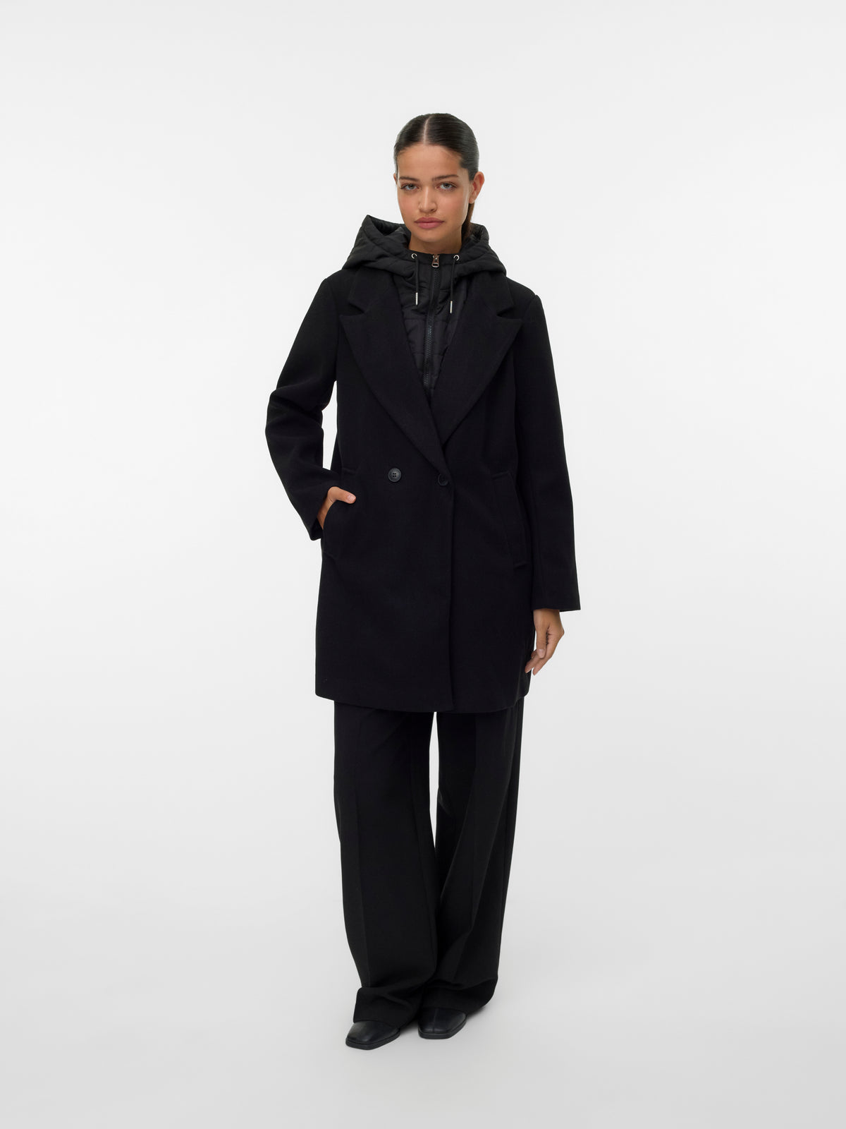 Vero Moda Grace 2-in-1 Button Coat, black tailored outerwear with hood and button fastening
