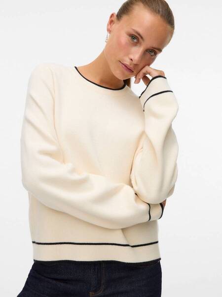 Vero Moda Gol Striped Crew Neck Top in beige with black trim detailing, a comfortable and stylish sweater top.