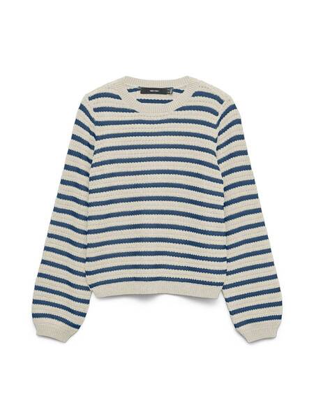 Vero Moda Gorgeous Printed Crew Neck Top with blue and beige horizontal stripes, knitted sweater style top.