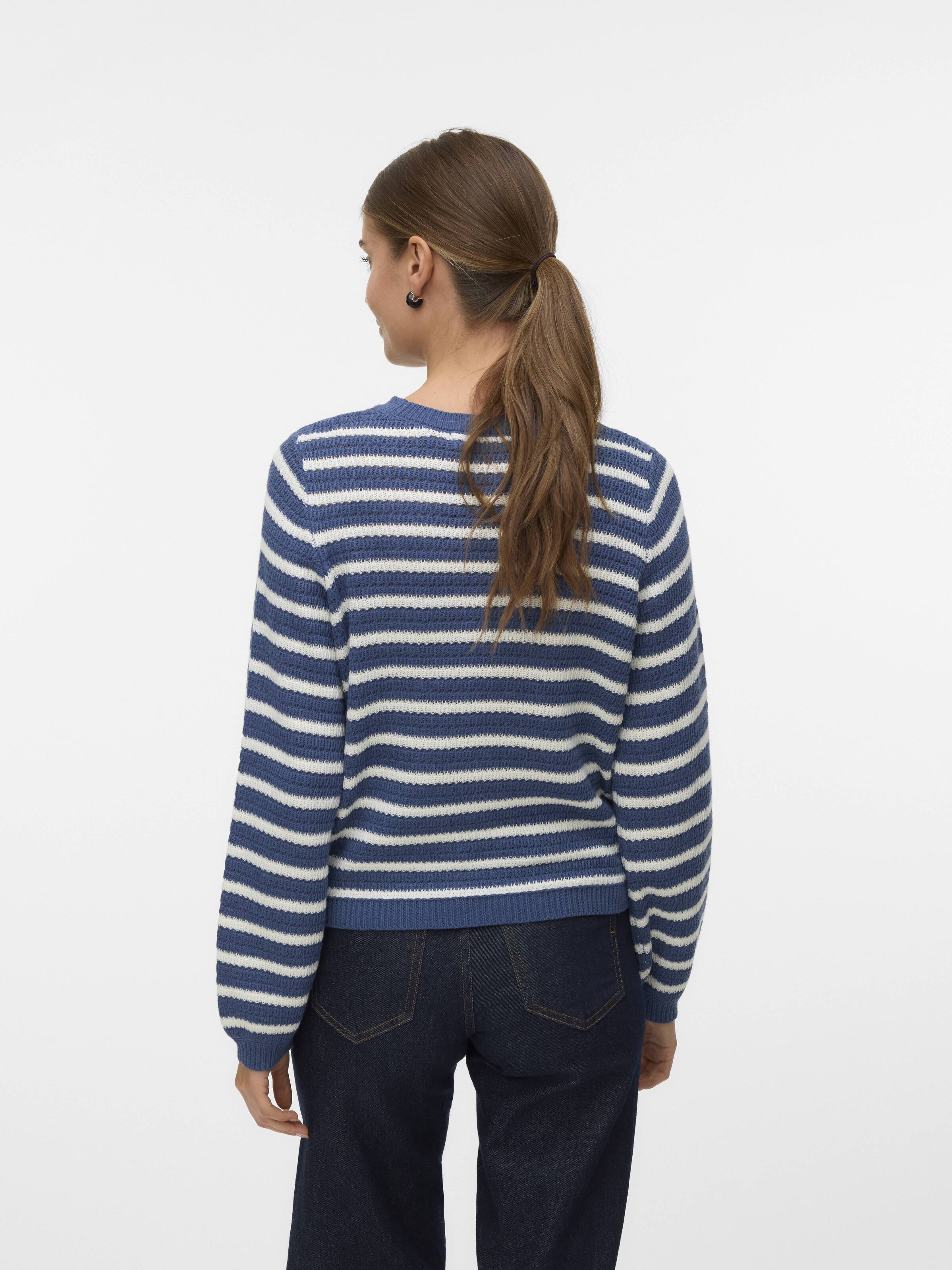 Blue and white striped knit top paired with dark denim jeans featuring Vero Moda Gorgeous Printed Crew Neck Top.