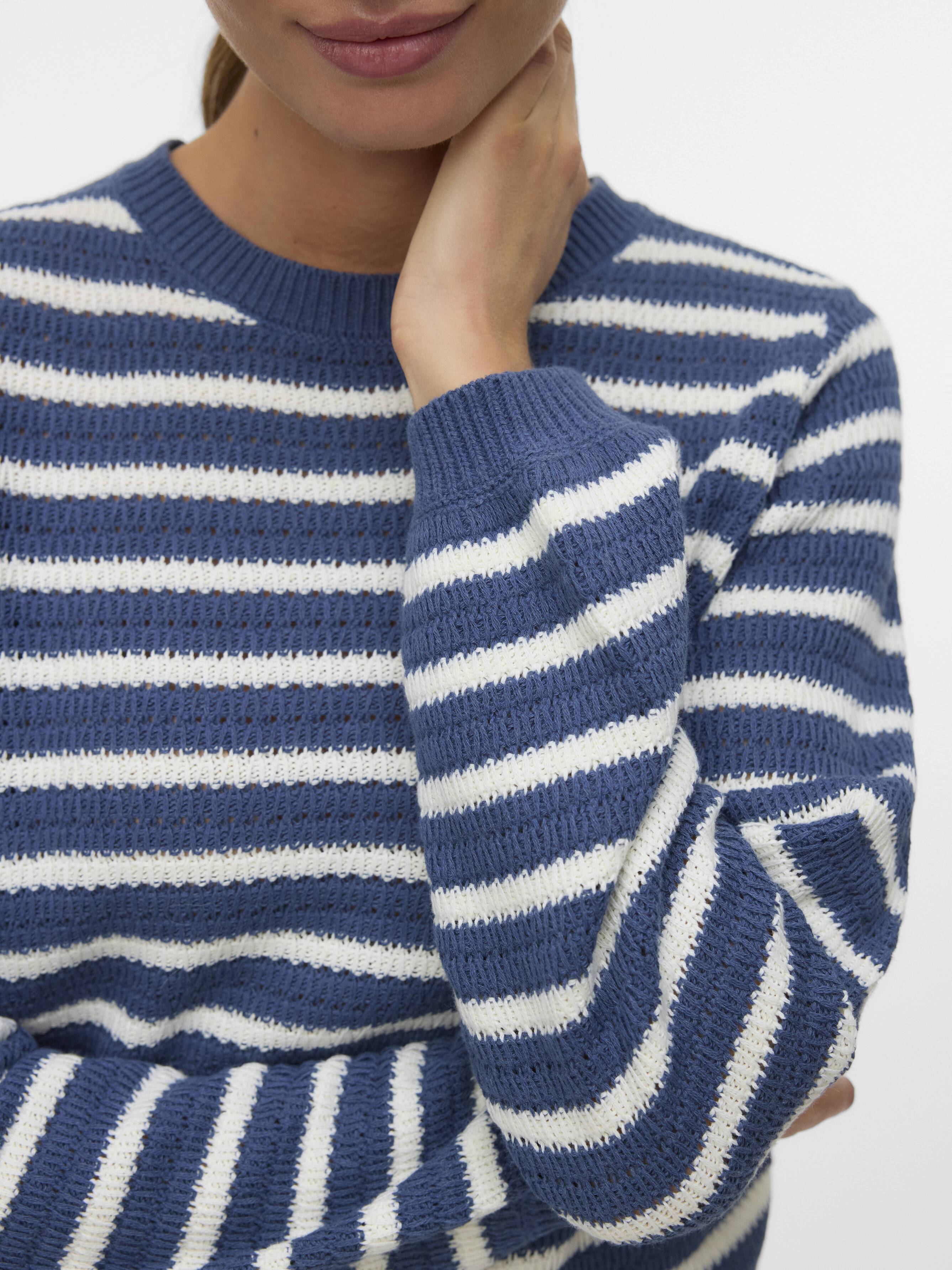 Close-up of a blue and white striped knit sweater with ribbed cuffs and neckline.