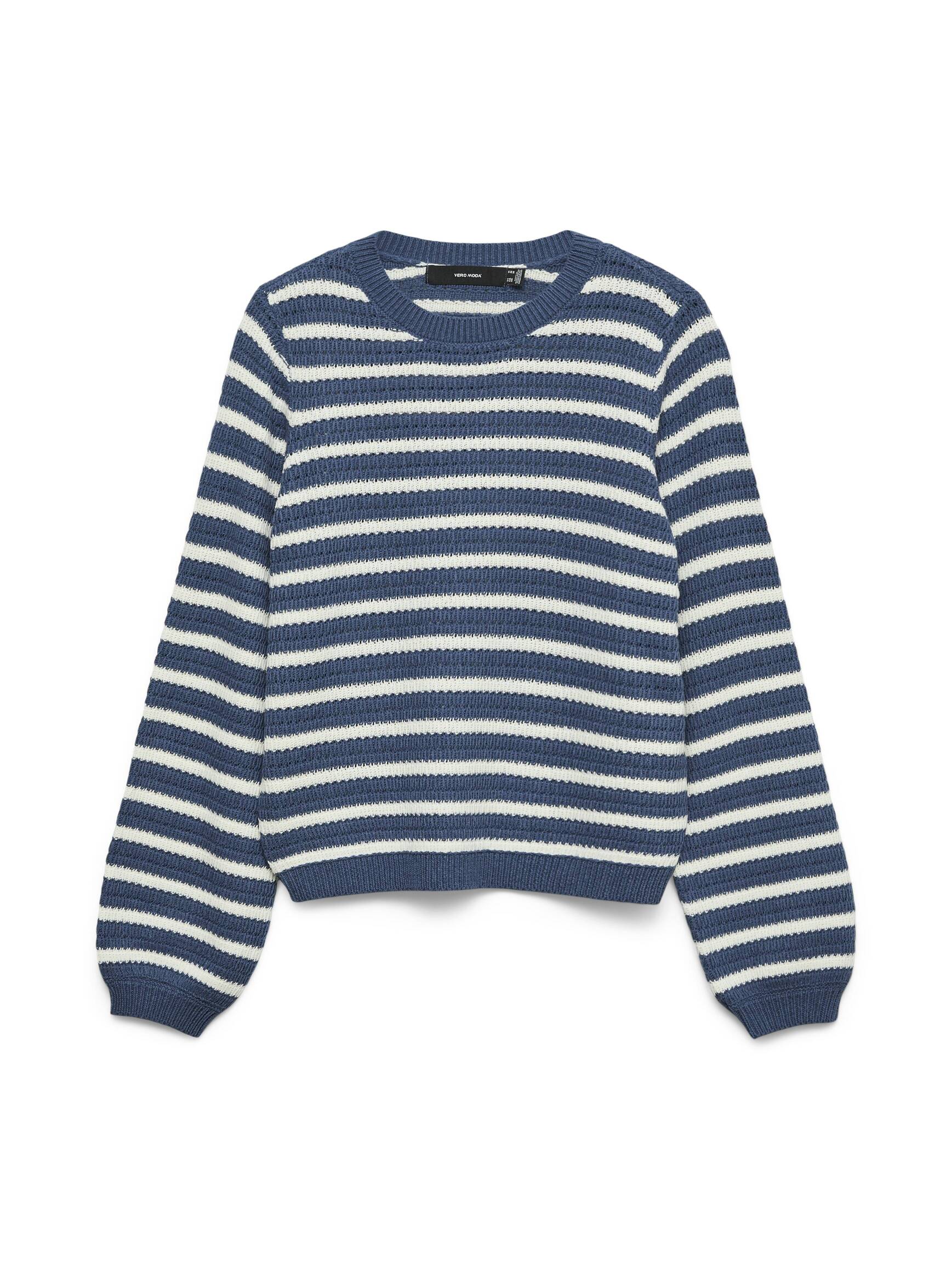 Blue and white striped knit sweater with long sleeves and ribbed cuffs and hem laid flat on white background