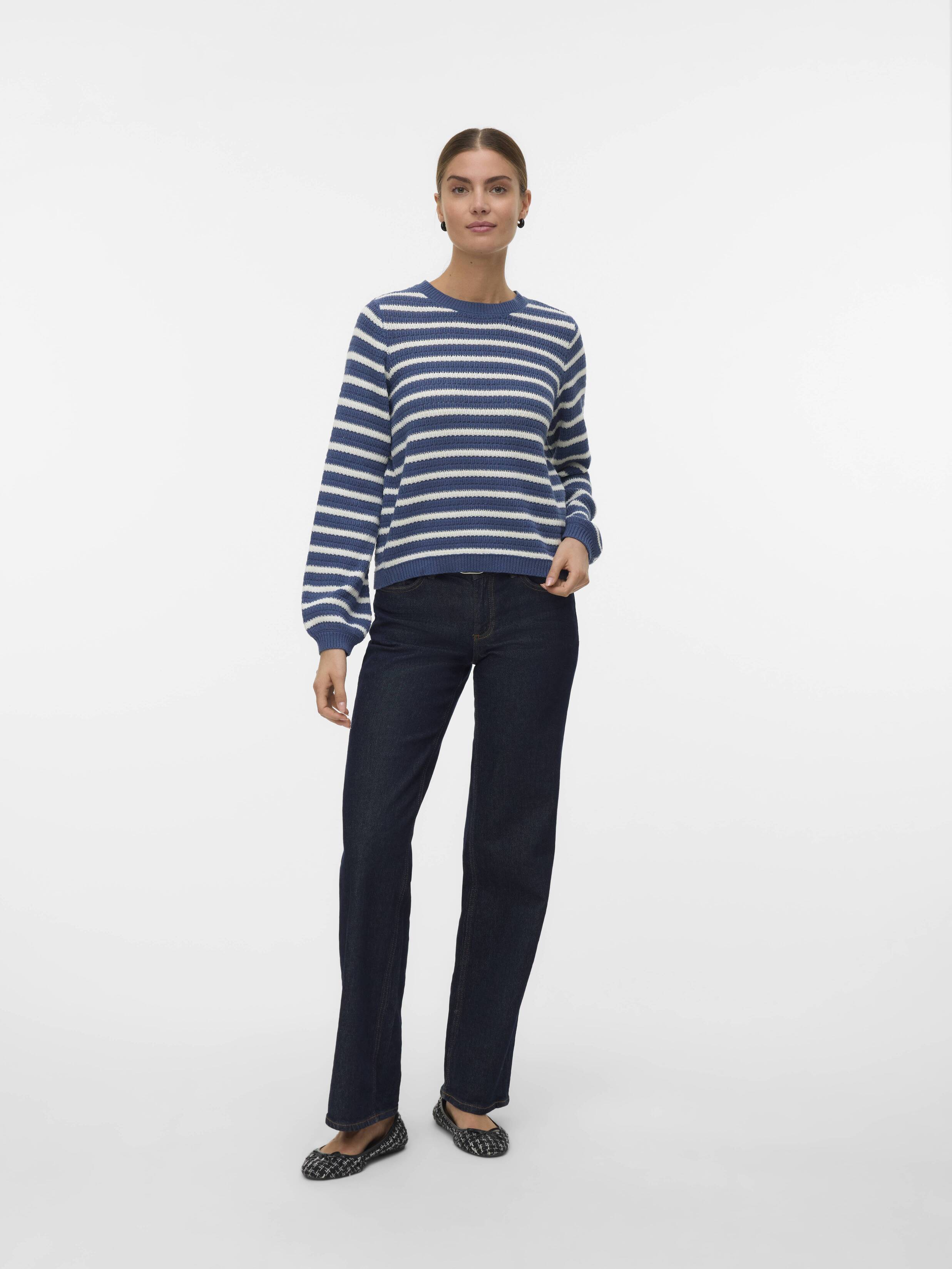 Vero Moda Gorgeous Printed Crew Neck Top in blue and white stripes paired with dark denim jeans and patterned flats