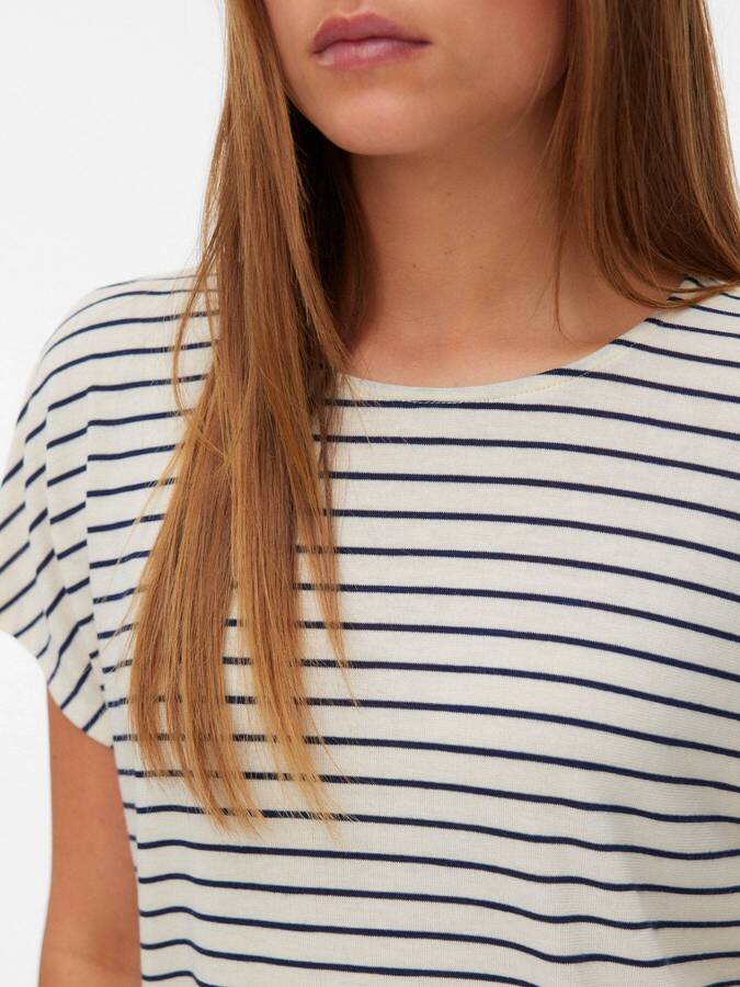 Close-up of striped Vero Moda Holli Short Sleeve Top in beige and black, casual short sleeve design by Vero Moda.