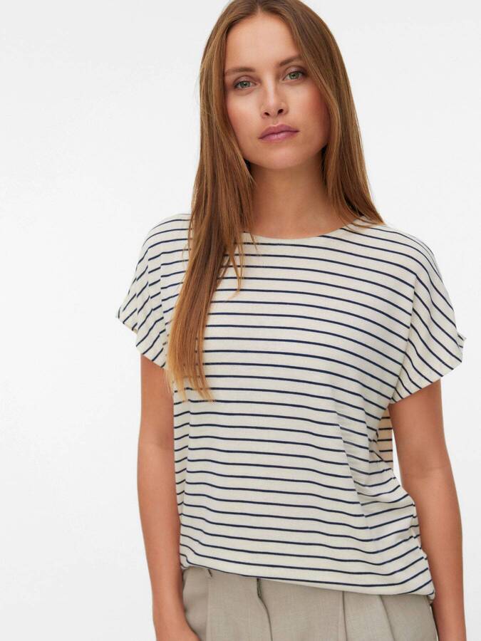 Vero Moda Holli Short Sleeve Top in beige with navy stripes, a casual and lightweight summer top by Vero Moda.