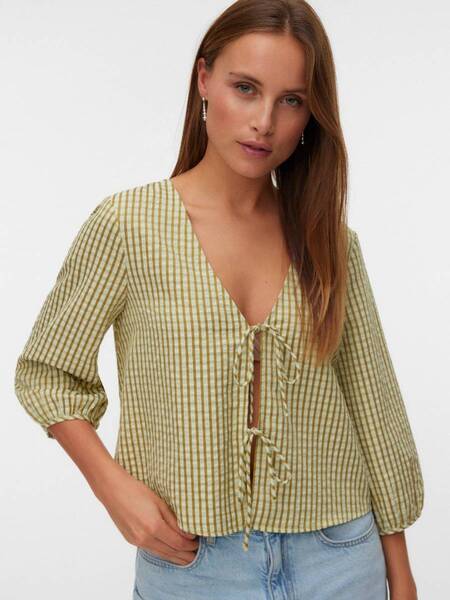 Vero Moda Came Fitted Sleeveless Top in green check pattern, styled with light denim jeans, by Vero Moda