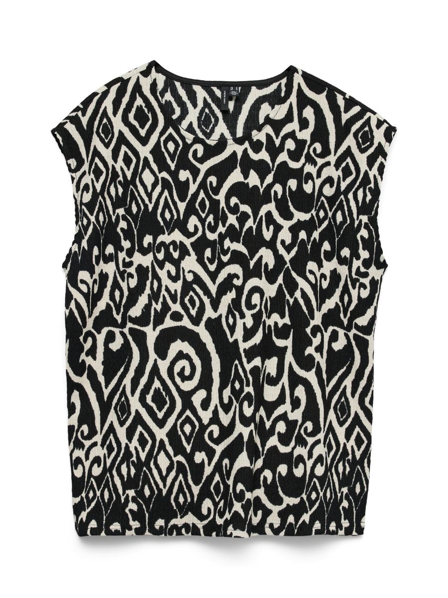 Black and beige sleeveless top with abstract tribal-inspired pattern and a rounded neckline.