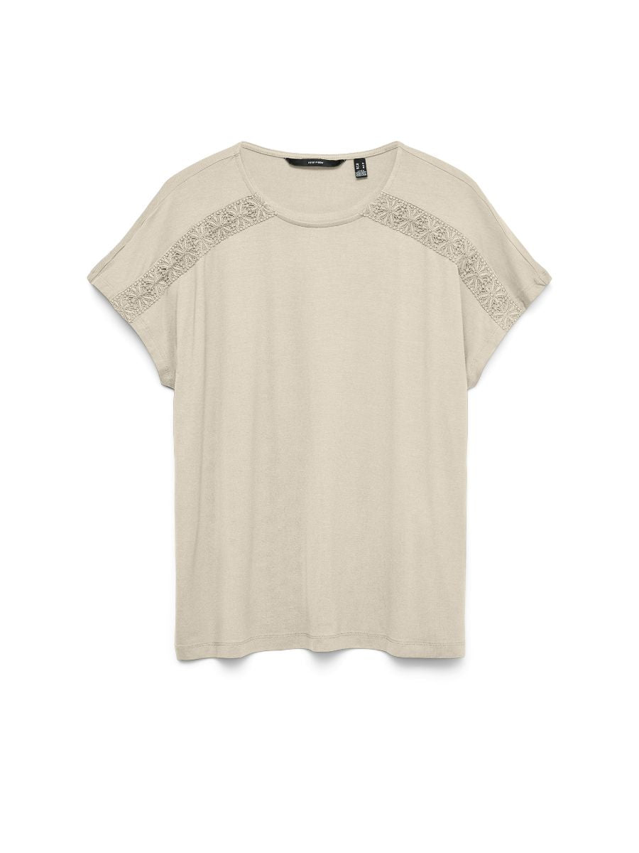 Vero Moda Gina Embroidered Short Sleeve Top in beige with detailed embroidery across the shoulder area by Vero Moda.