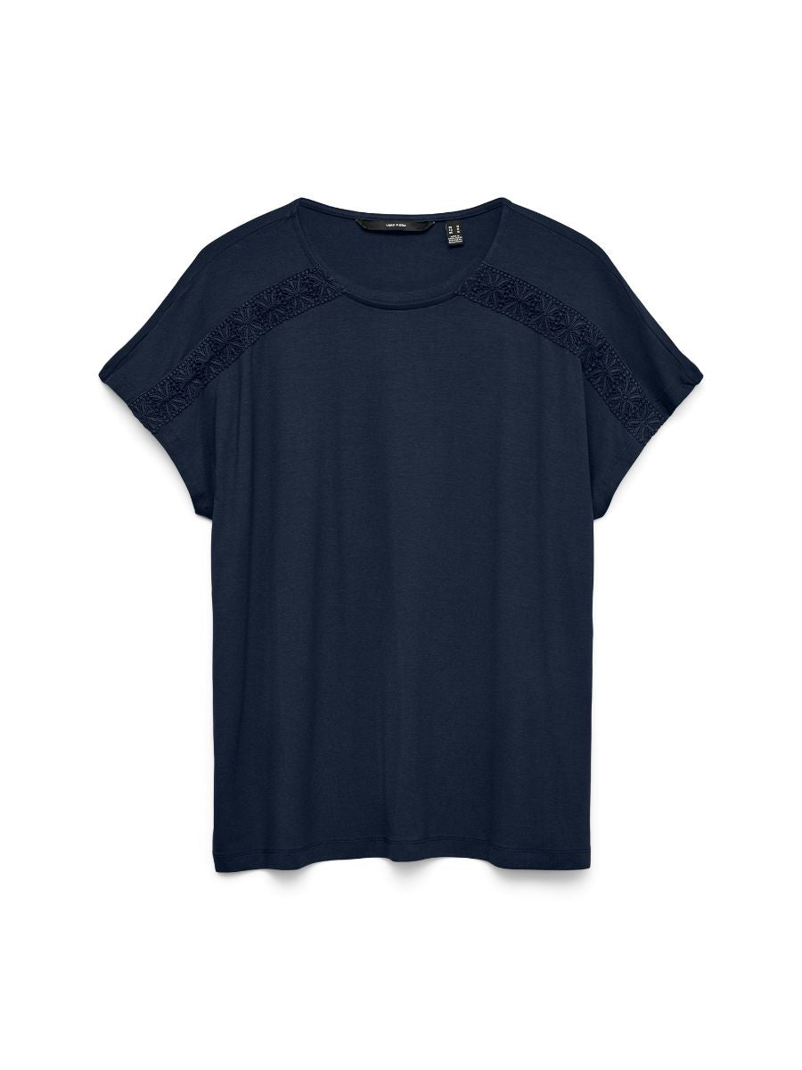 Navy blue Vero Moda Gina Embroidered Short Sleeve Top with delicate embroidered details on short sleeves.