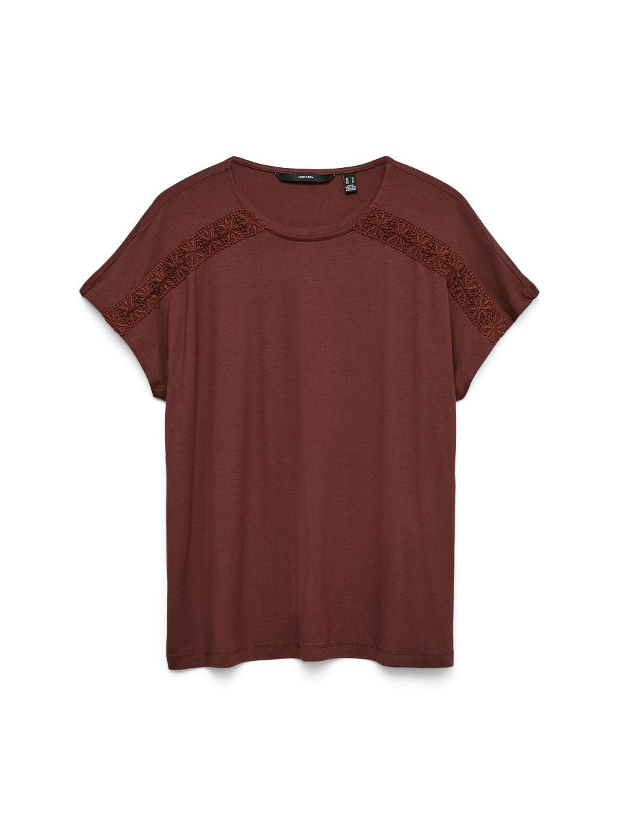Vero Moda Gina Embroidered Short Sleeve Top in rust with embroidered detailing on shoulder panels by Vero Moda