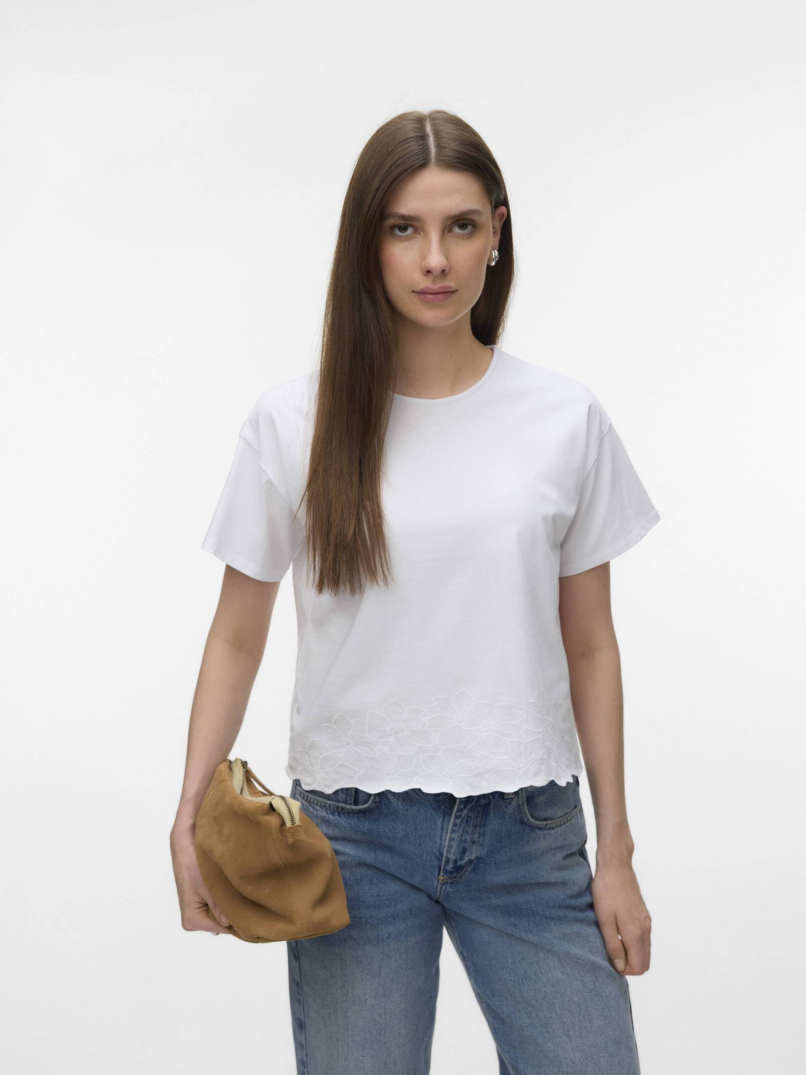 Simple white short sleeve top with subtle embroidery and scalloped hem by Vero Moda Noah Embroidered Short Sleeve Top