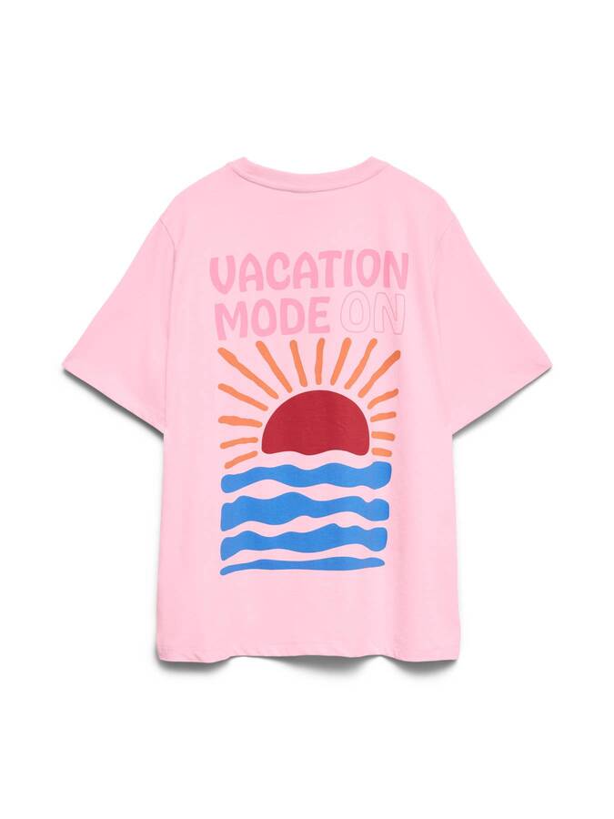 Vero Moda Maja Flower Bustier Top is not visible; shown is a pink graphic T-shirt with "Vacation Mode On" print.