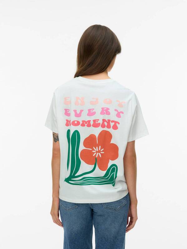 Back view of Vero Moda Maja Flower Bustier Top with floral graphic and "Enjoy Every Moment" text in pink and orange colors